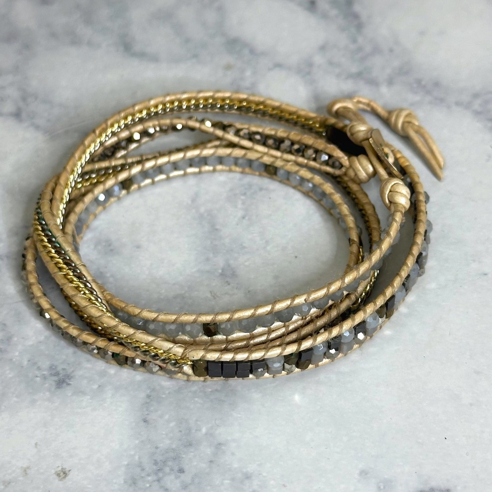 Nakamol Wrap Bracelet Beaded Leather Gold Grey Tan OS